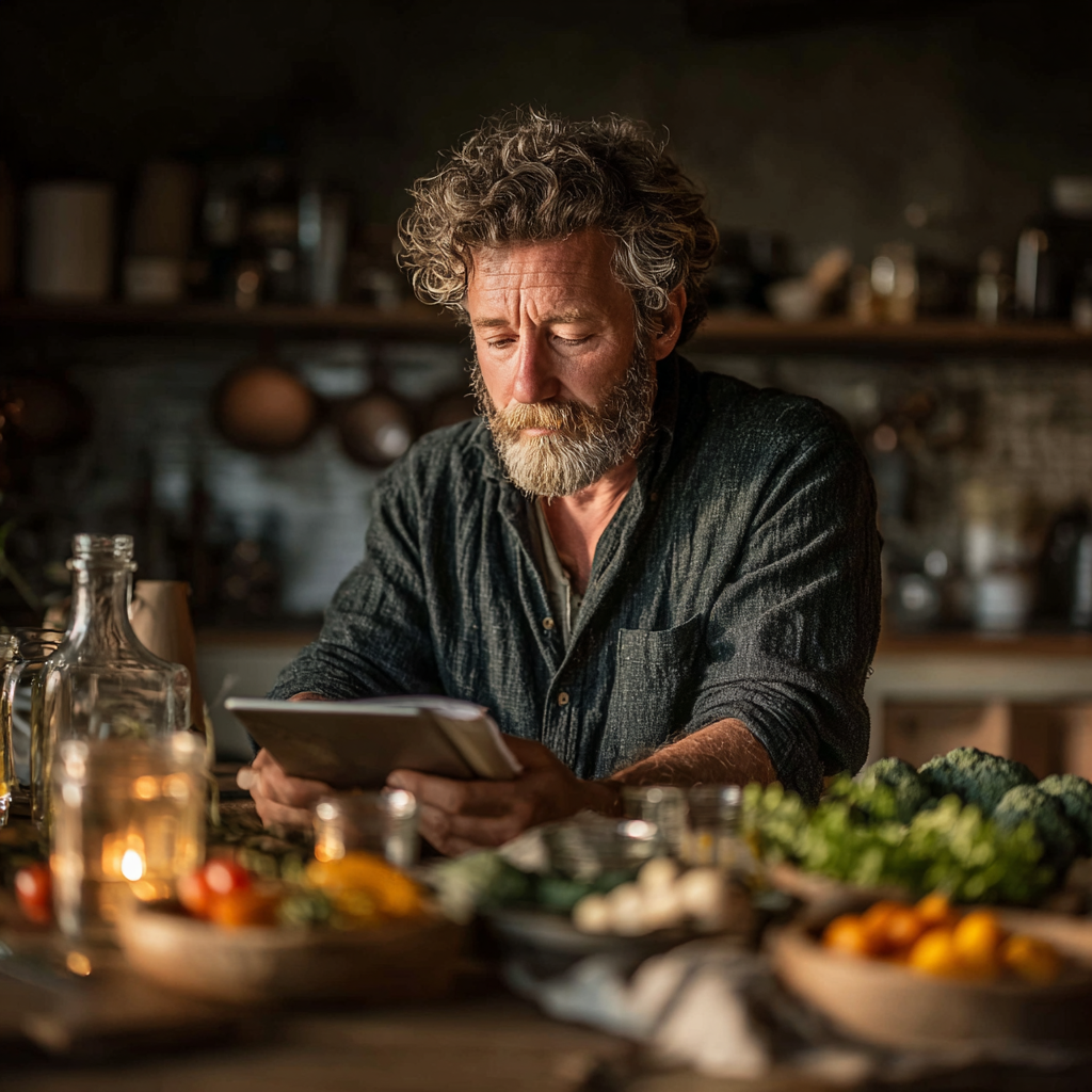 Чоловік віком 58 років з планшетом в руках уважно вивчає свій персональний план харчування за кухонним столом
