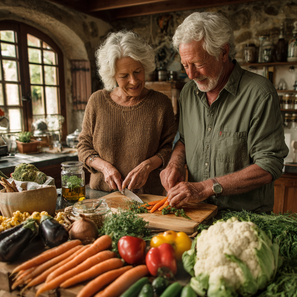 Подружжя віком 60 років разом готує здоровий обід за великим кухонним столом, використовуючи свіжі овочі та зелень
