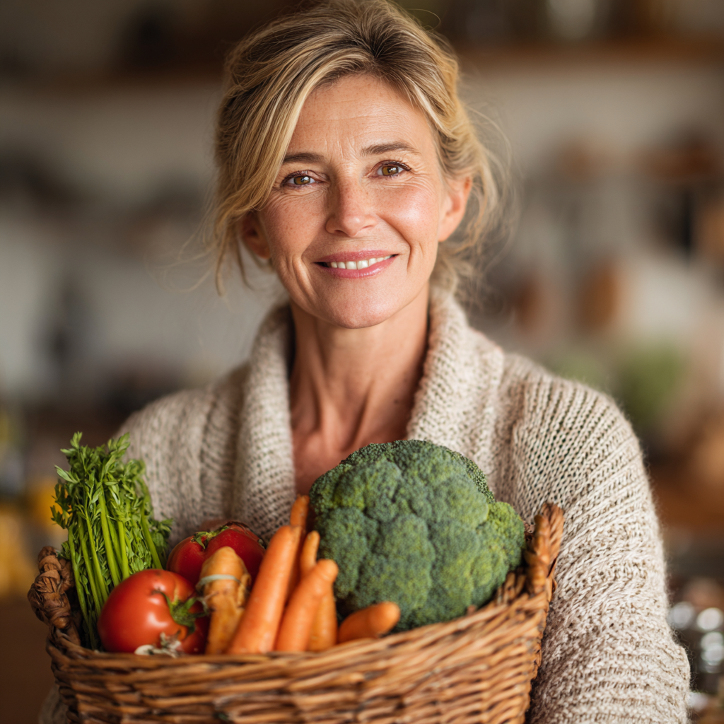 Усміхнена жінка віком 52 років з свіжими овочами в кошику, демонструє задоволення від здорового способу життя