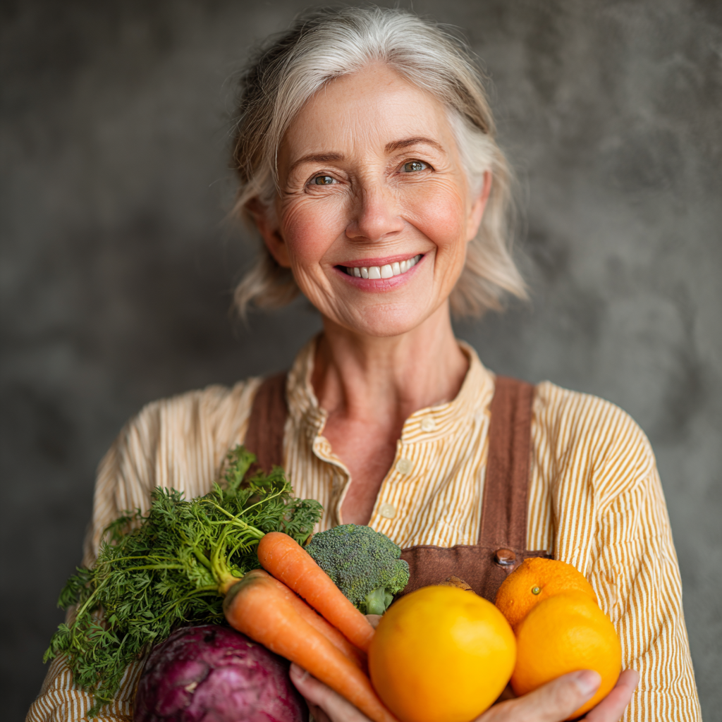 Усміхнена жінка віком 55 років тримає в руках свіжі овочі та фрукти, демонструючи здоровий спосіб життя